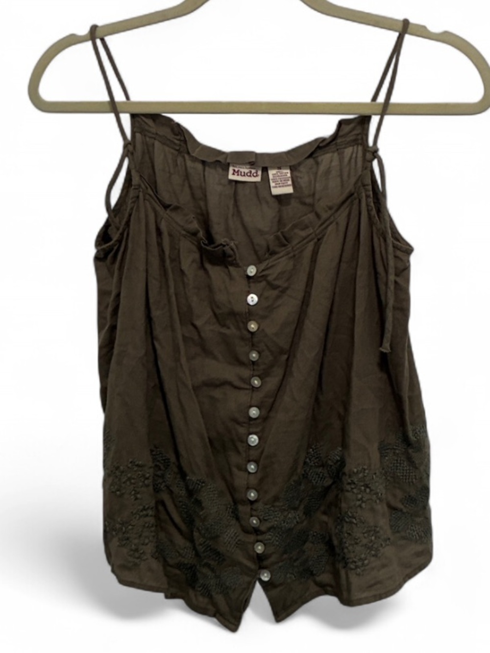 Y2K Mudd Green Button-Front Embroidered Boho Tank Top